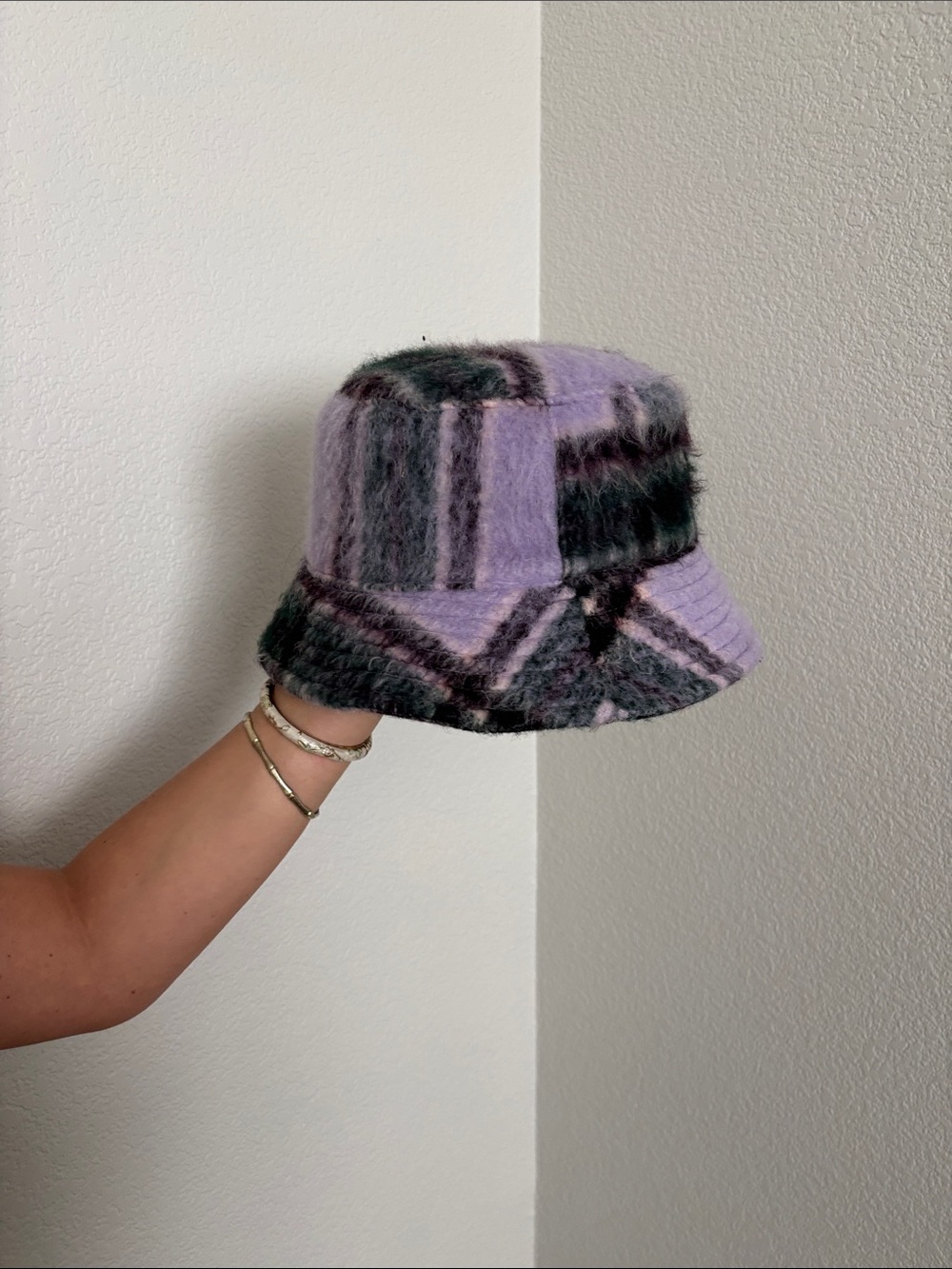 Urban Outfitters Lavender and Charcoal Plaid Fuzzy Bucket Hat